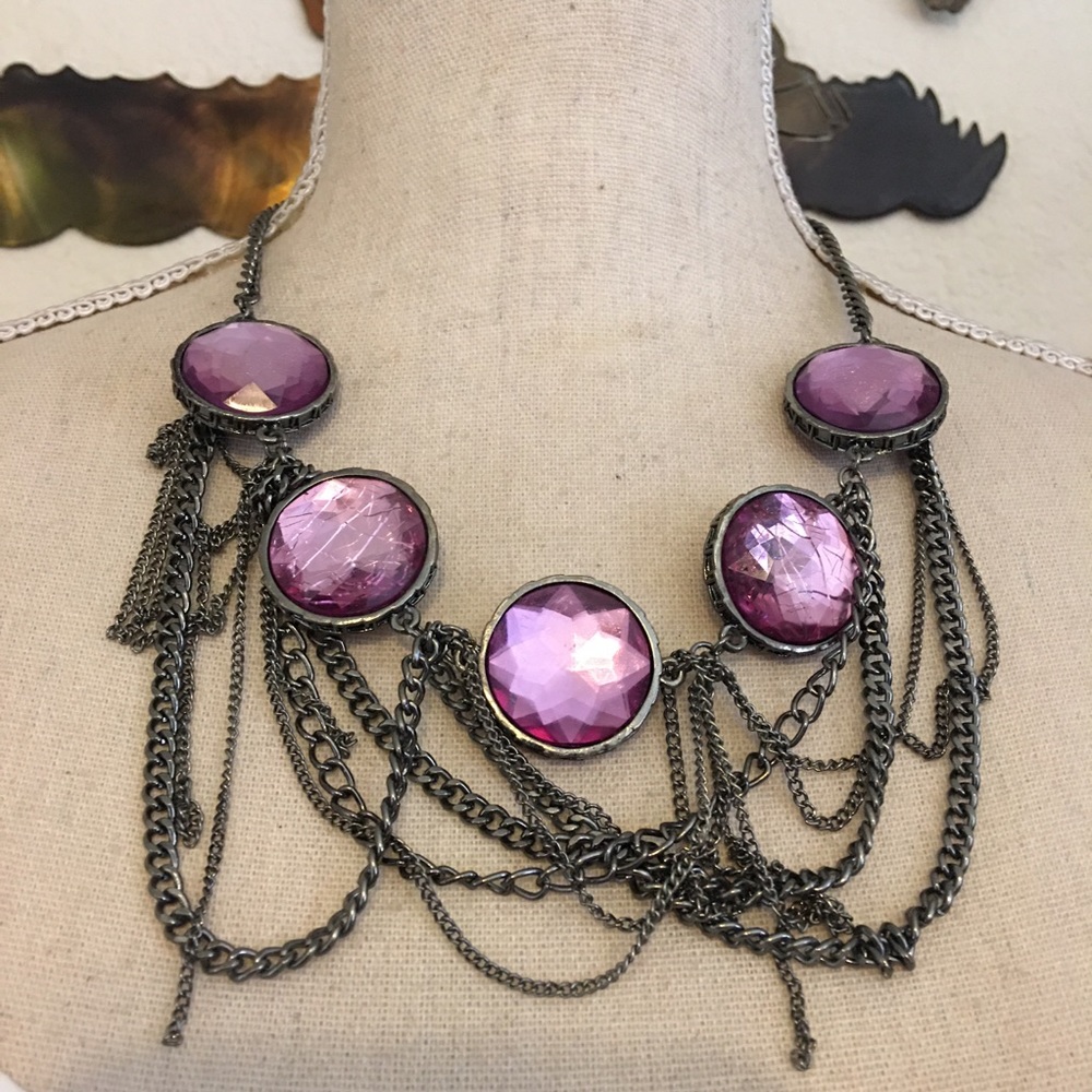 Purple glass cabochon chrome chandelier necklace